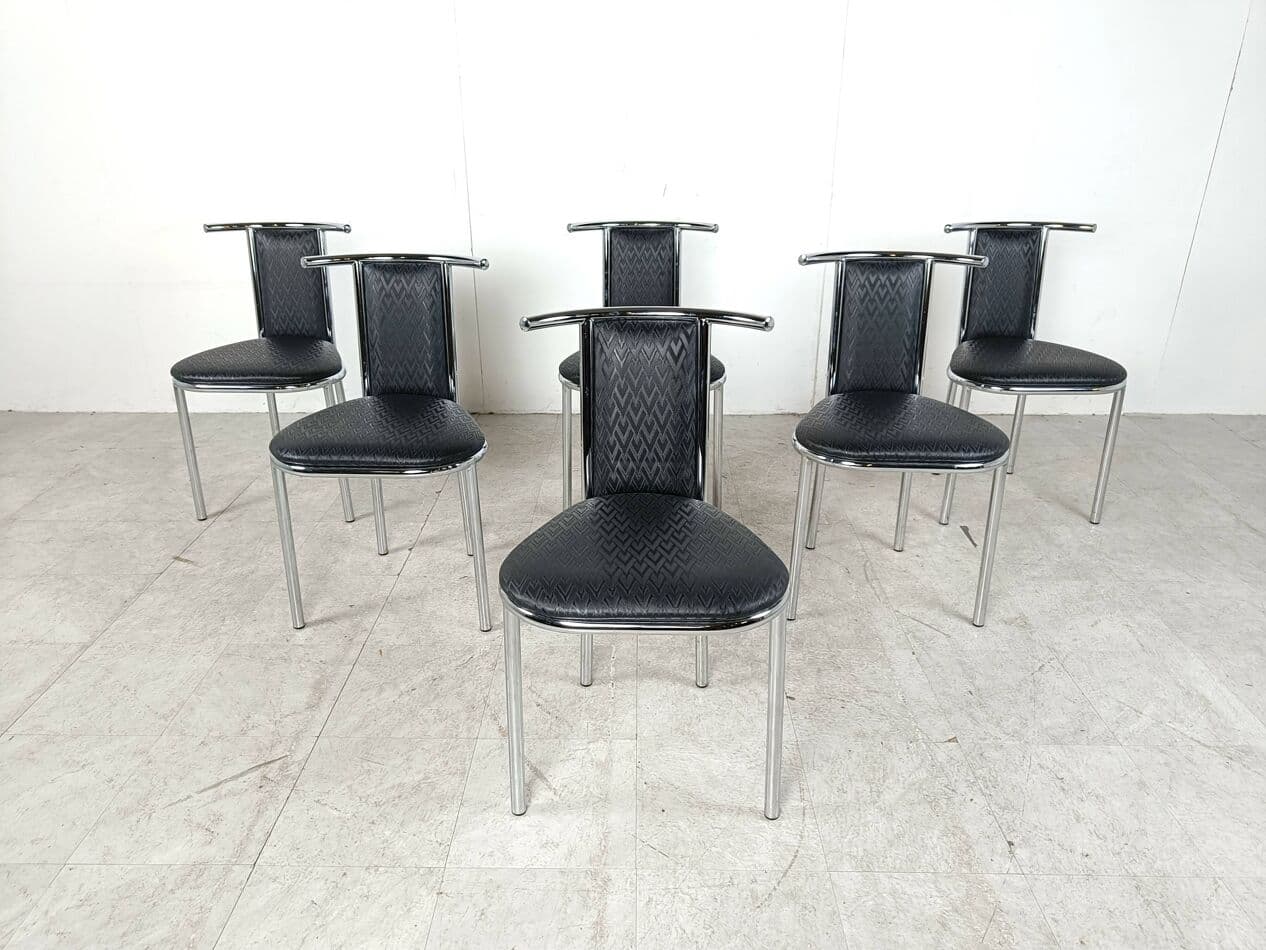 Set of Six Chairs Space Age, black faux leather, chrome, Belgium, 1980s. - 263580
