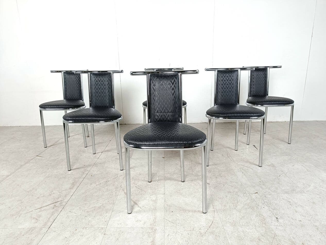 Set of Six Chairs Space Age, black faux leather, chrome, Belgium, 1980s. - 263573