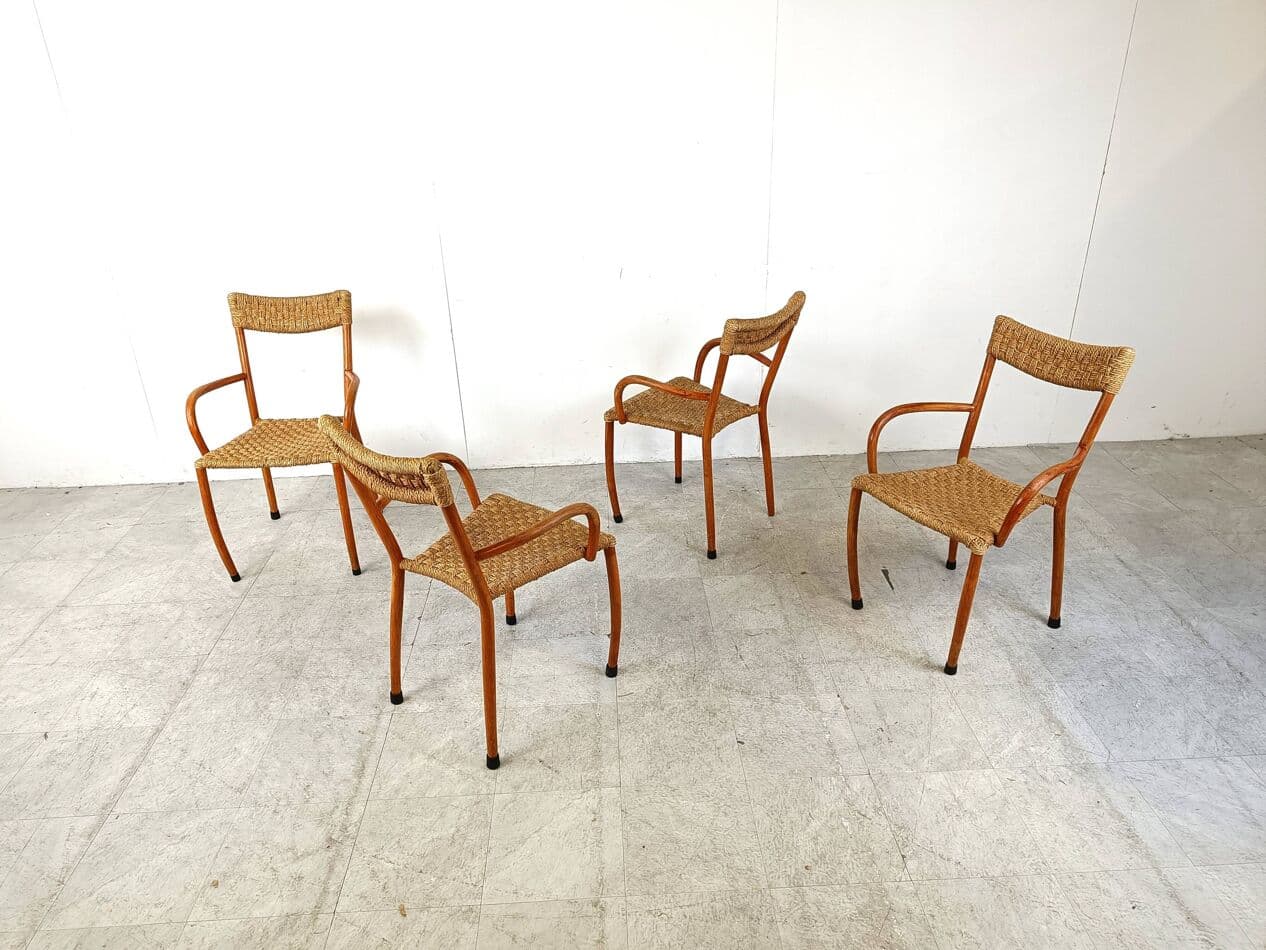 Set of four dining chairs, brown wood, beige paper, Denmark, 1960s. - 263491