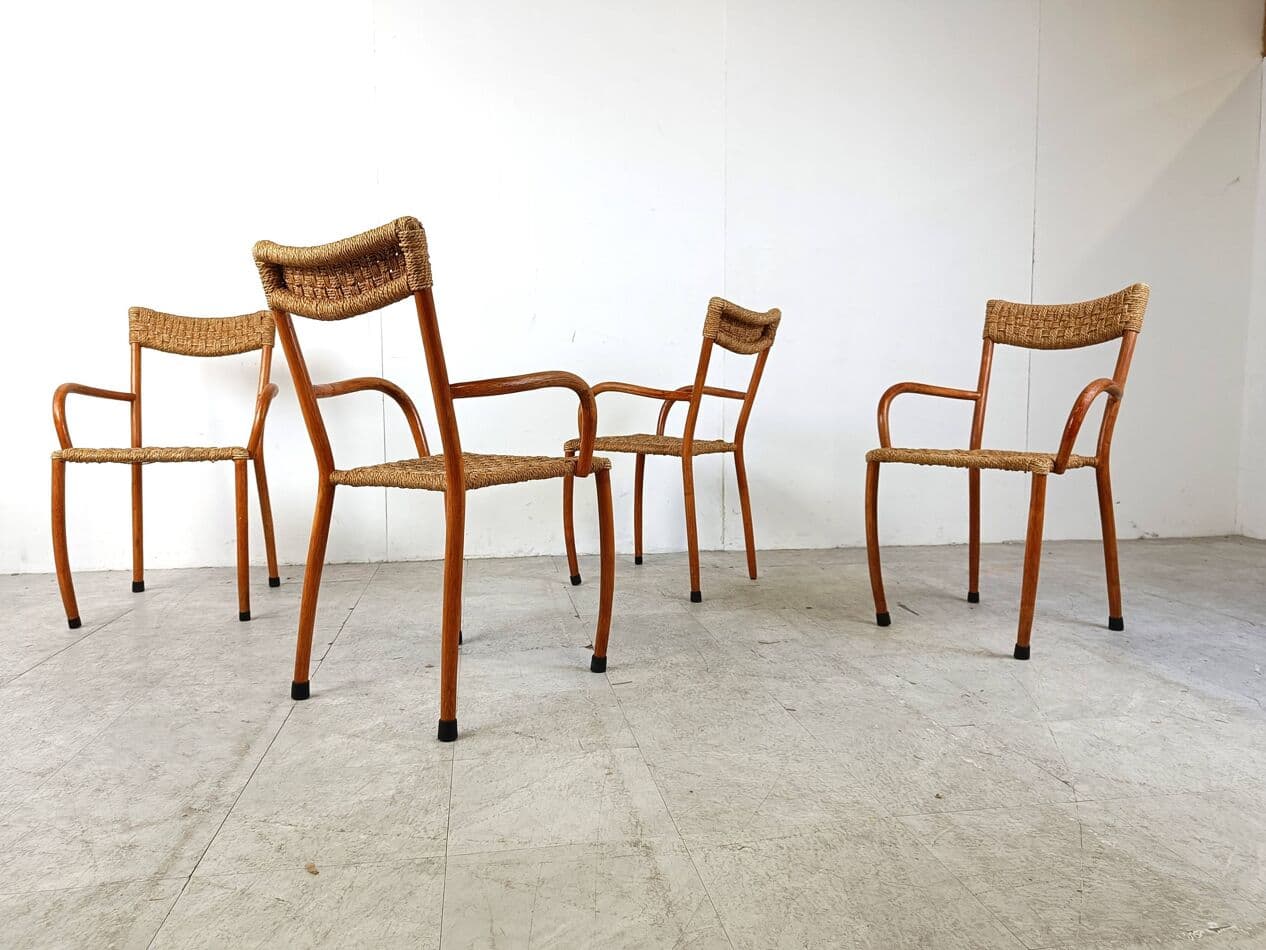 Set of four dining chairs, brown wood, beige paper, Denmark, 1960s. - 263492