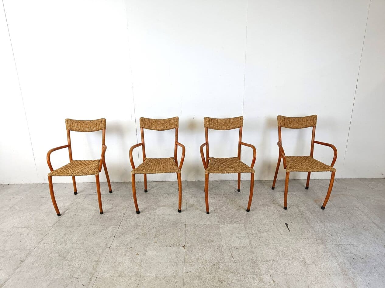 Set of four dining chairs, brown wood, beige paper, Denmark, 1960s. - 263486