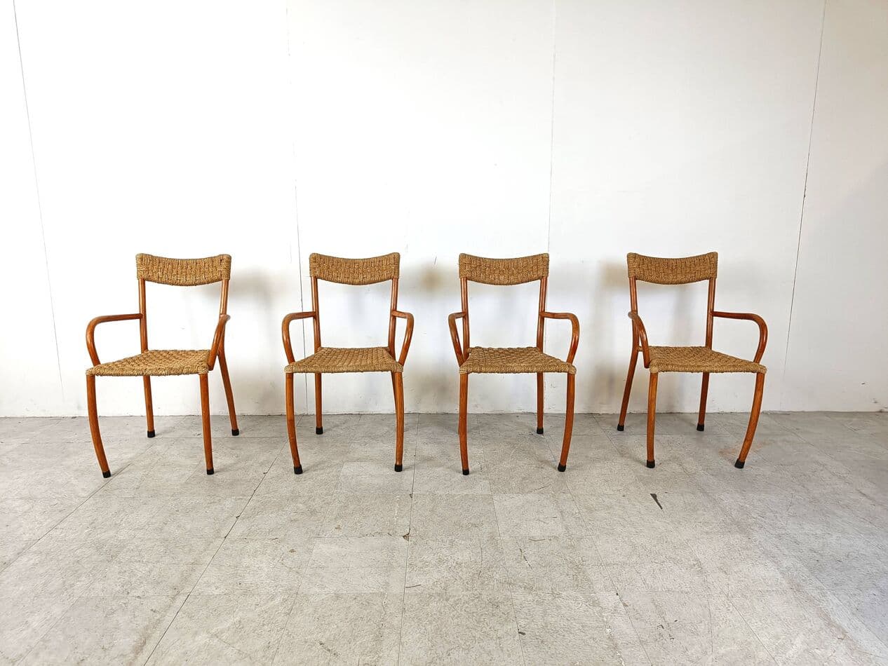 Set of four dining chairs, brown wood, beige paper, Denmark, 1960s. - 263488