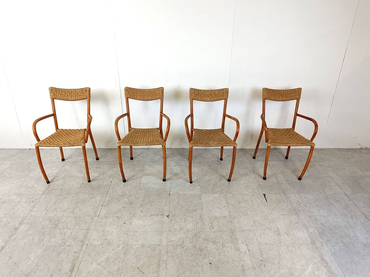 Set of four dining chairs, brown wood, beige paper, Denmark, 1960s. - 263495