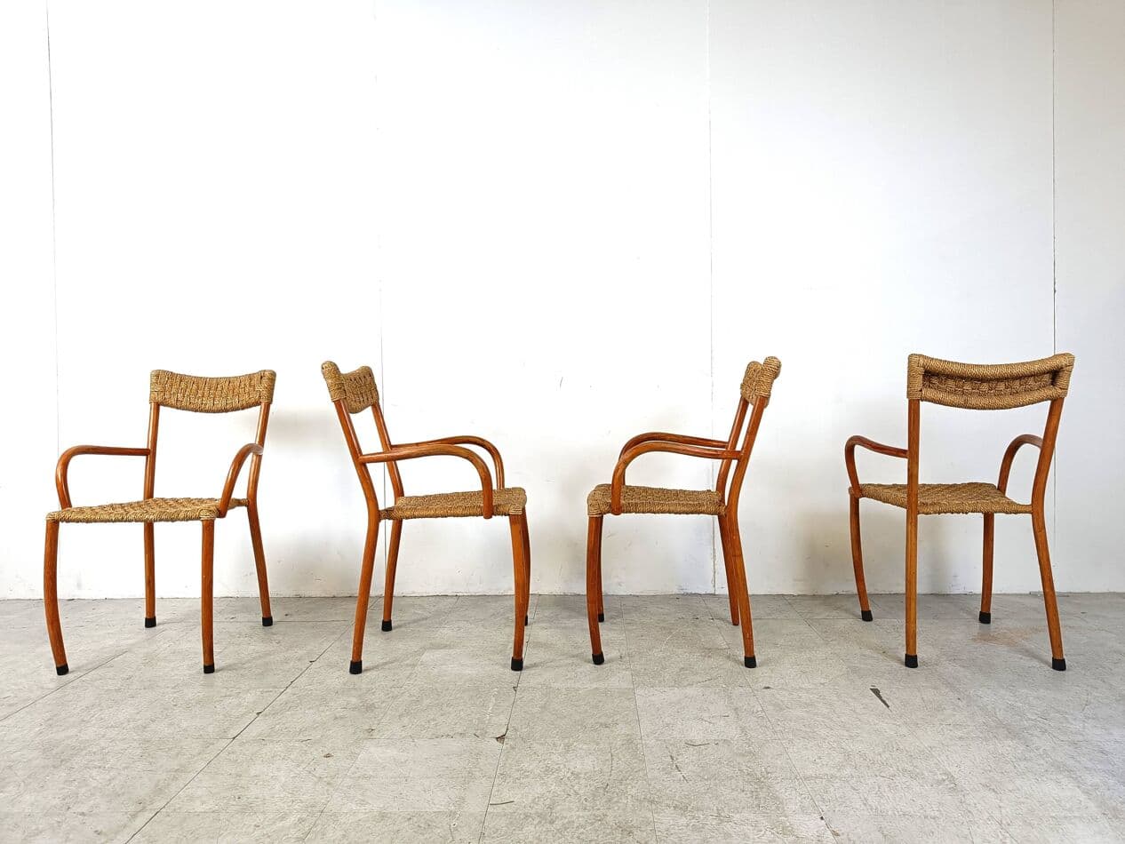 Set of four dining chairs, brown wood, beige paper, Denmark, 1960s. - 263490