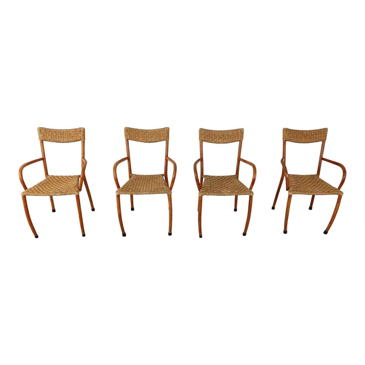 Set of four dining chairs, brown wood, beige paper, Denmark, 1960s.