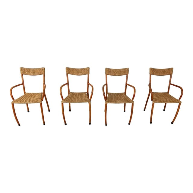 Set of four dining chairs, brown wood, beige paper, Denmark, 1960s. - DIMENSION