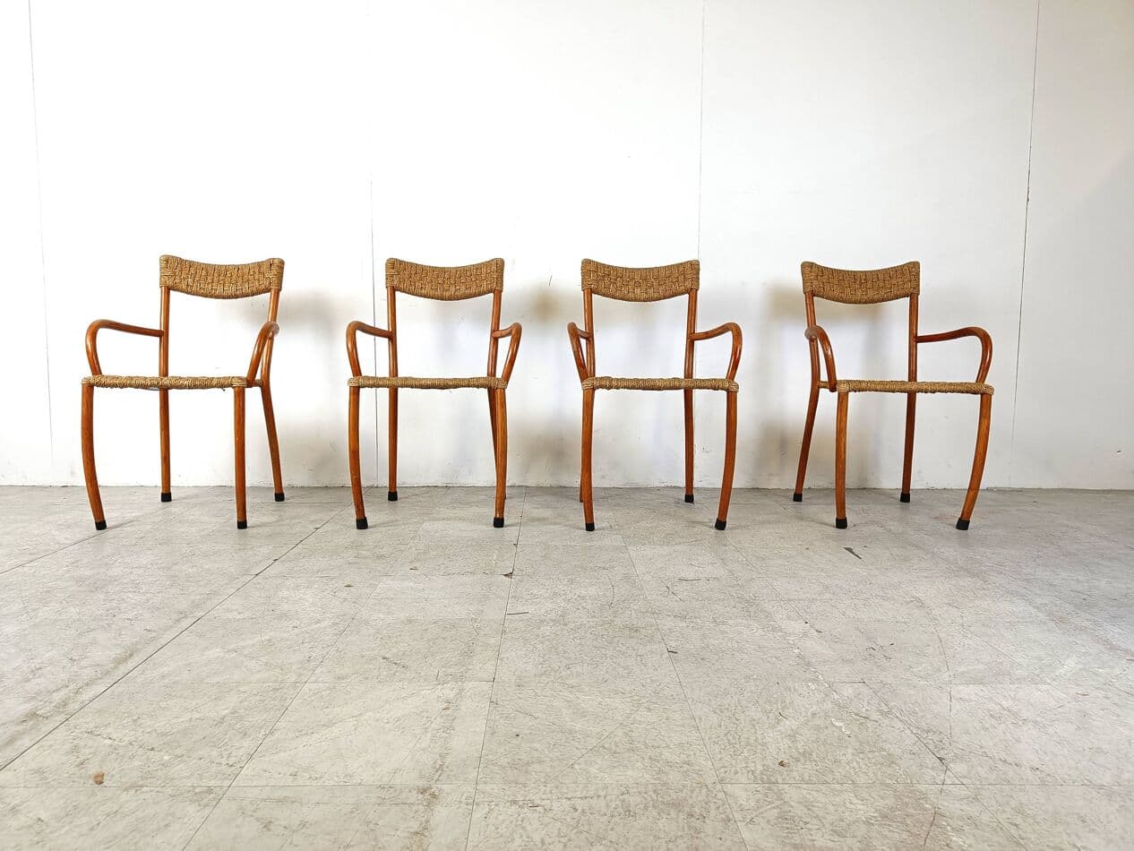 Set of four dining chairs, brown wood, beige paper, Denmark, 1960s. - 263489