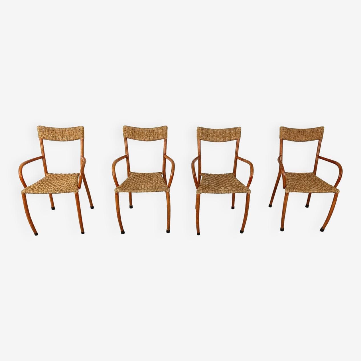 Set of four dining chairs, brown wood, beige paper, Denmark, 1960s. - 263487