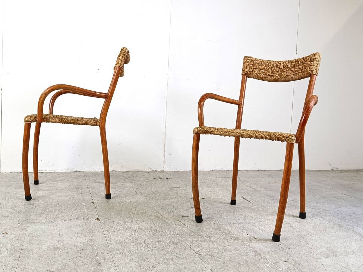 Set of four dining chairs, brown wood, beige paper, Denmark, 1960s. - 263494