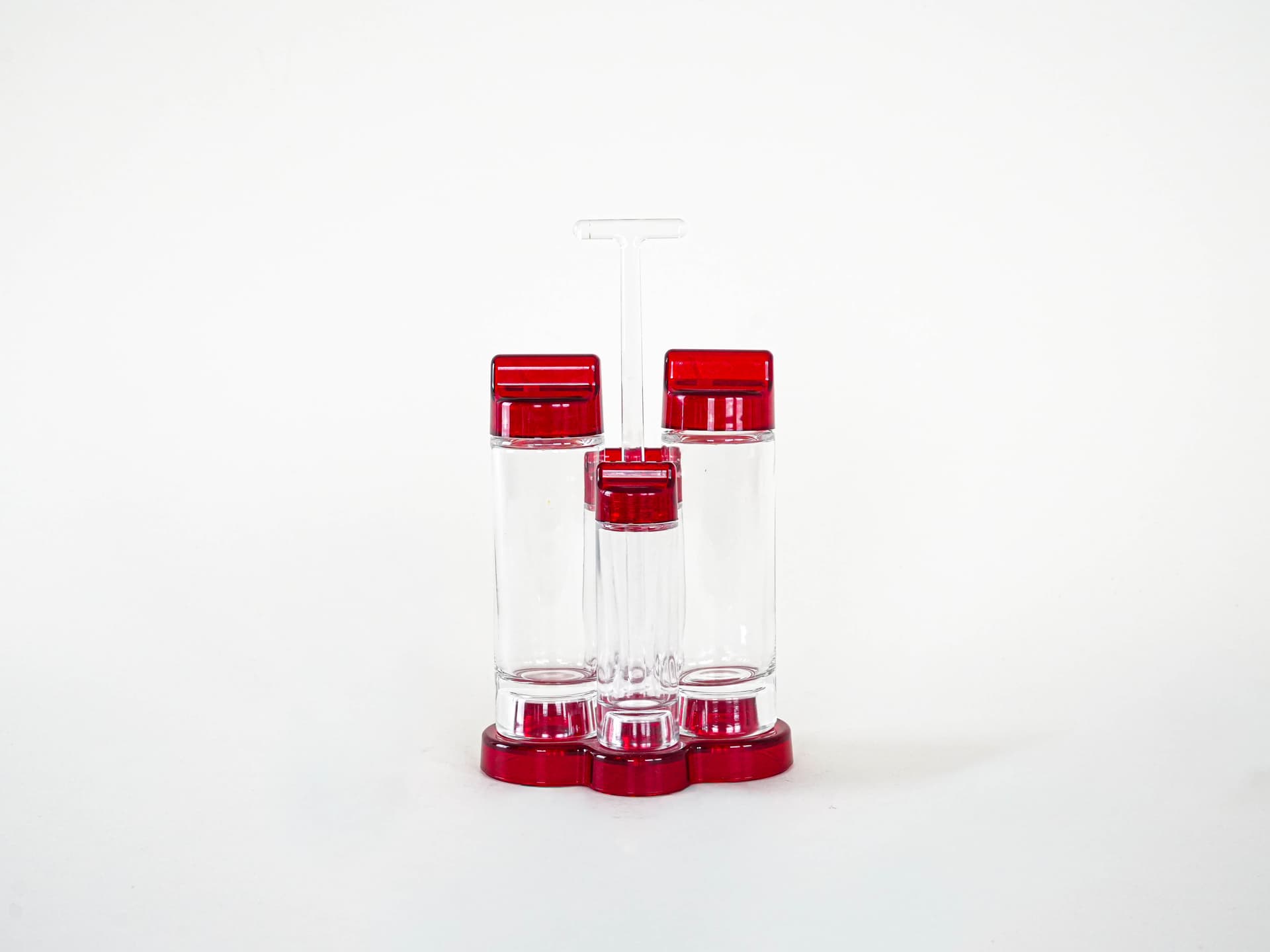 Zestaw do przypraw, transparent szkło, akryl czerwony, Guzzini, Włochy, lata 80. - 262641