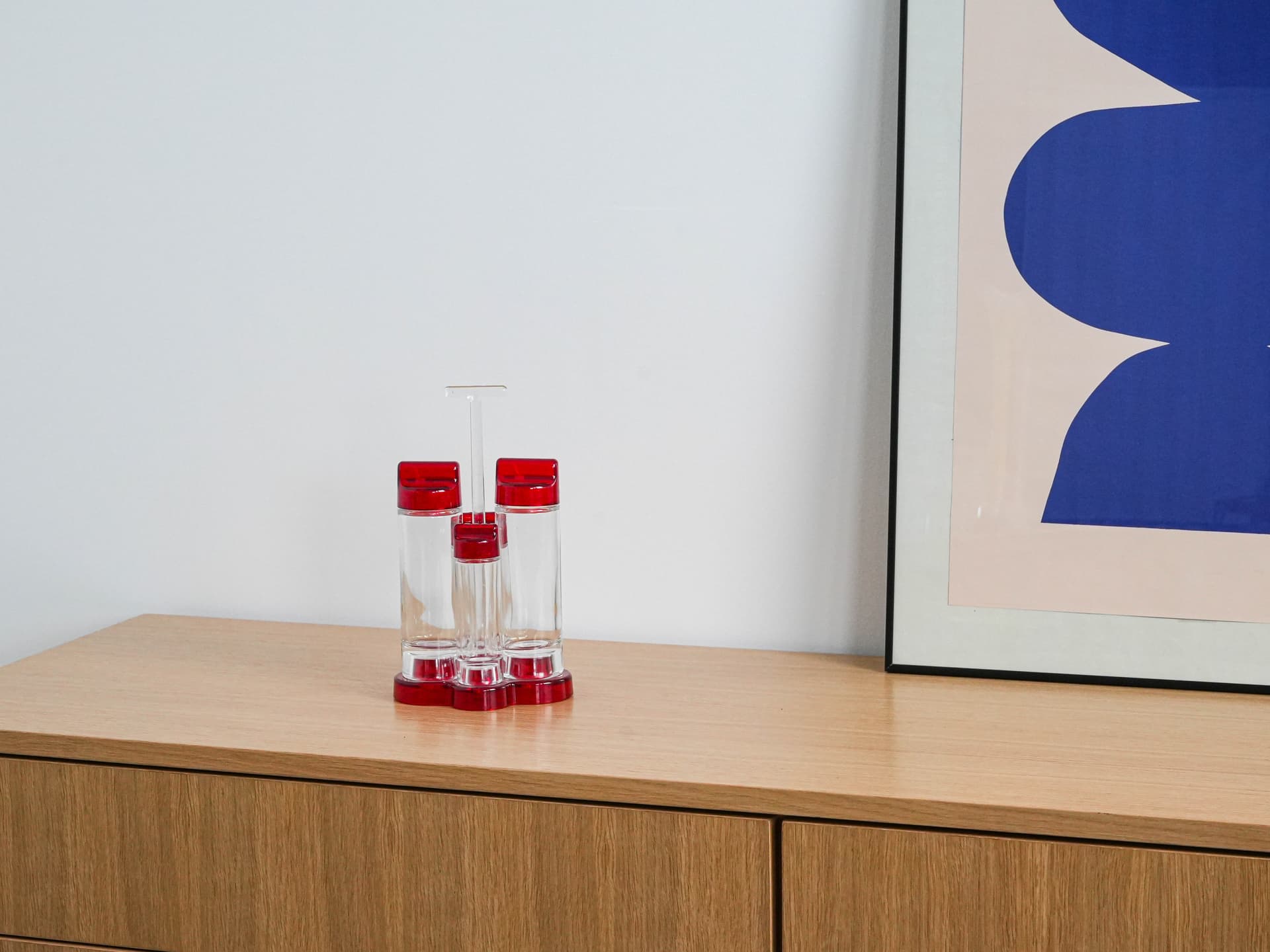 Zestaw do przypraw, transparent szkło, akryl czerwony, Guzzini, Włochy, lata 80. - 262645