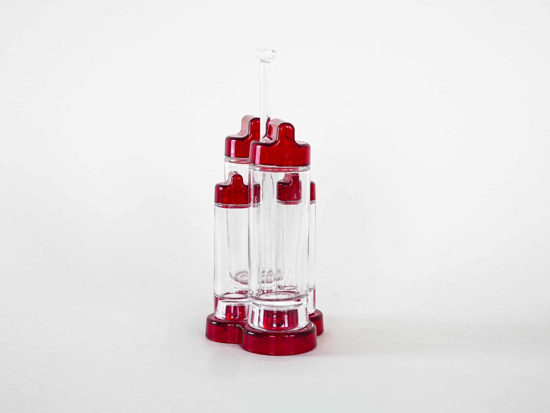 Zestaw do przypraw, transparent szkło, akryl czerwony, Guzzini, Włochy, lata 80. - 262643