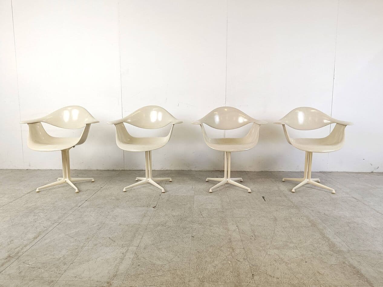 Zestaw czterech foteli Daf, Space Age, włókno szklane białe, metal biały, proj. G. Nelson, Herman Miller, USA, lata 60. - 263480