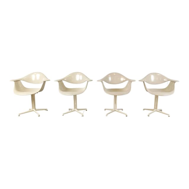 Zestaw czterech foteli Daf, Space Age, włókno szklane białe, metal biały, proj. G. Nelson, Herman Miller, USA, lata 60. - WYMIARY