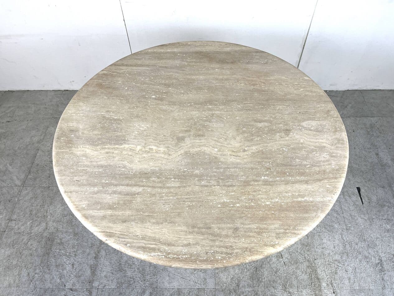 Round dining table, beige travertine, Italy, 1970s - 263418