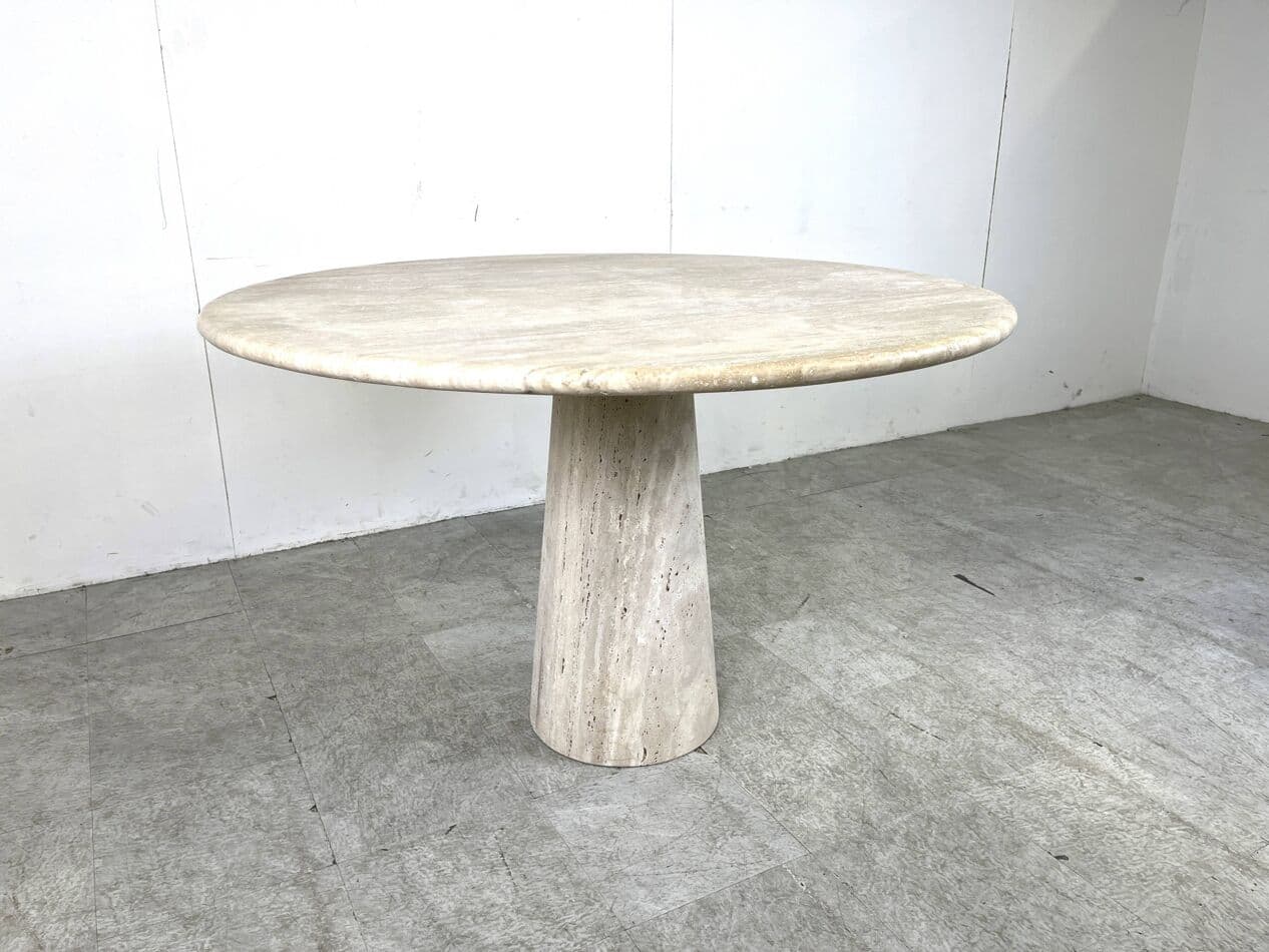 Round dining table, beige travertine, Italy, 1970s - 263412