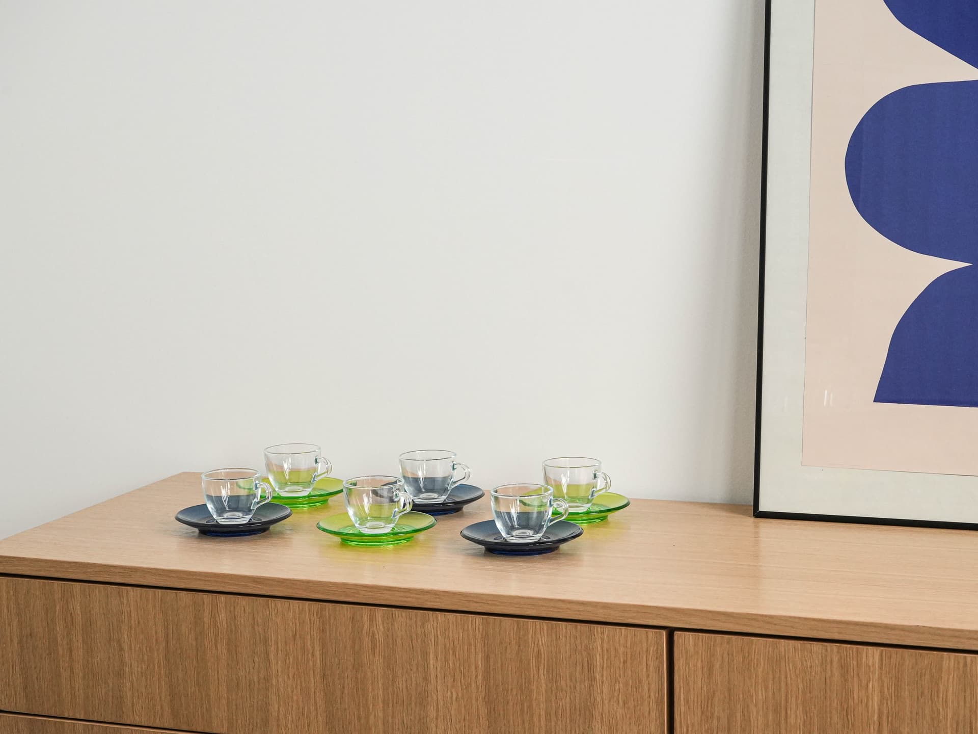 Komplet filiżanek, szkło przezroczyste, plastik niebieski zielony, Guzzini, Włochy, lata 70. - 262722