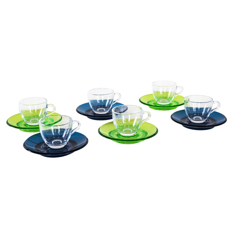 Komplet filiżanek, szkło przezroczyste, plastik niebieski zielony, Guzzini, Włochy, lata 70.
