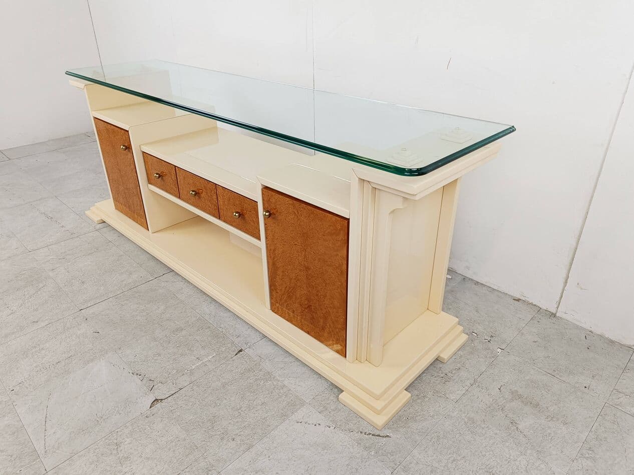 Komoda, beżowy lakier, czeczota, szkło, Francja, lata 80. - 263355