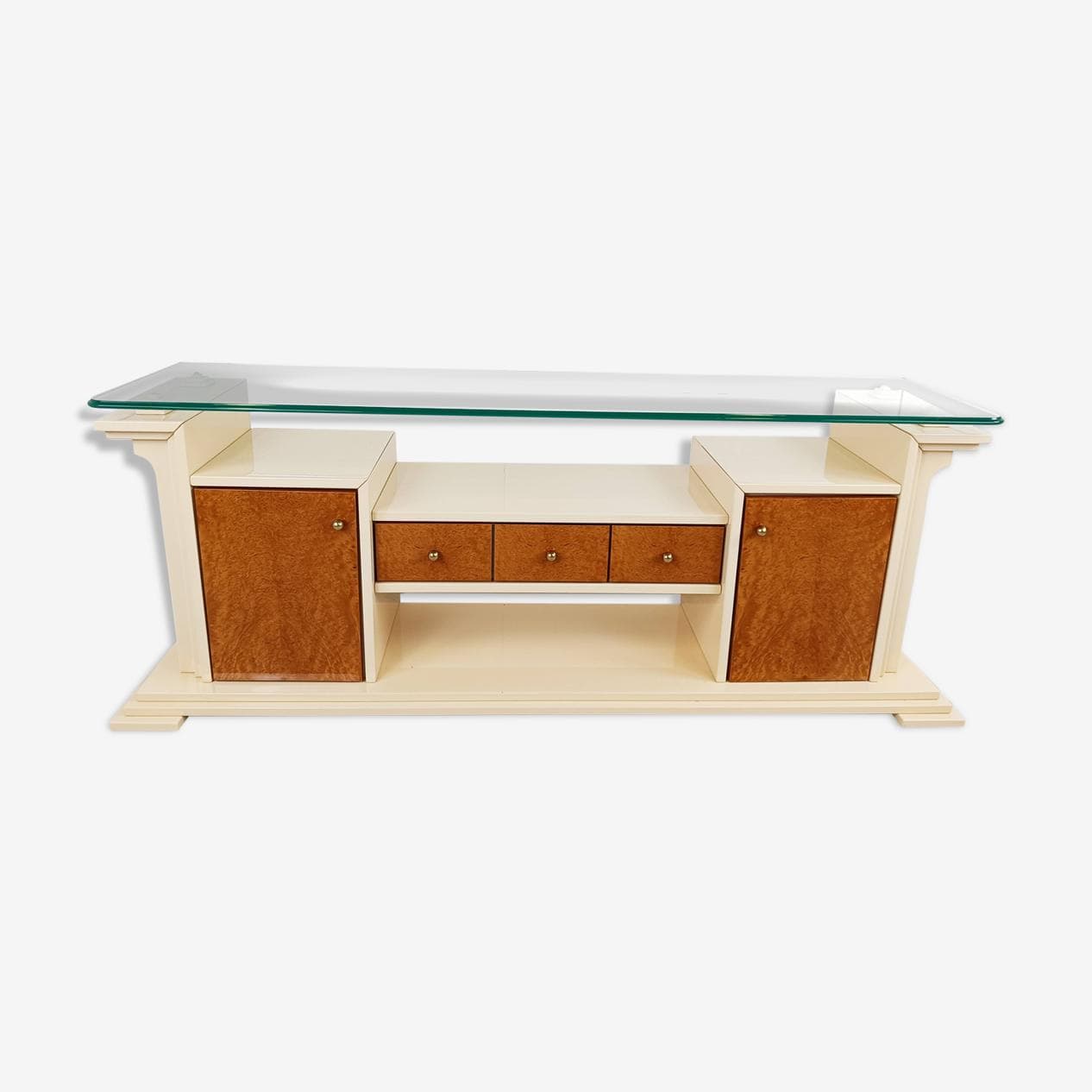 Komoda, beżowy lakier, czeczota, szkło, Francja, lata 80. - 263353