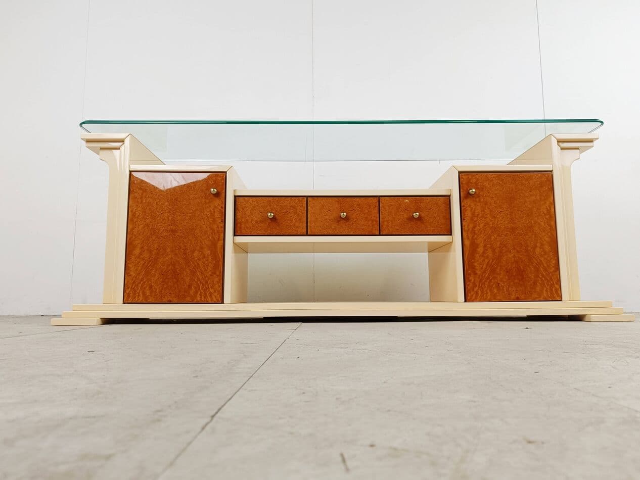 Komoda, beżowy lakier, czeczota, szkło, Francja, lata 80. - 263354