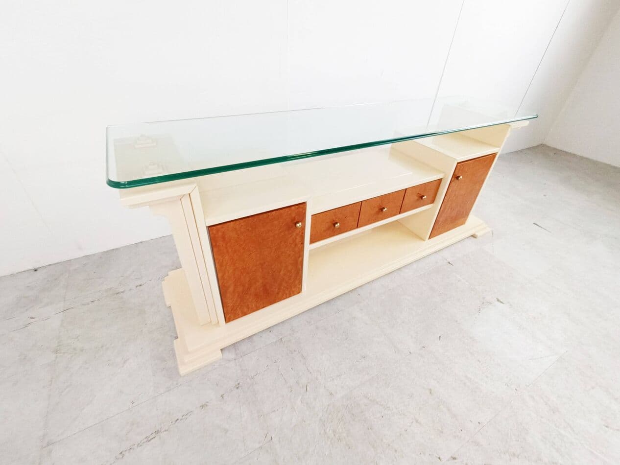 Komoda, beżowy lakier, czeczota, szkło, Francja, lata 80. - 263358