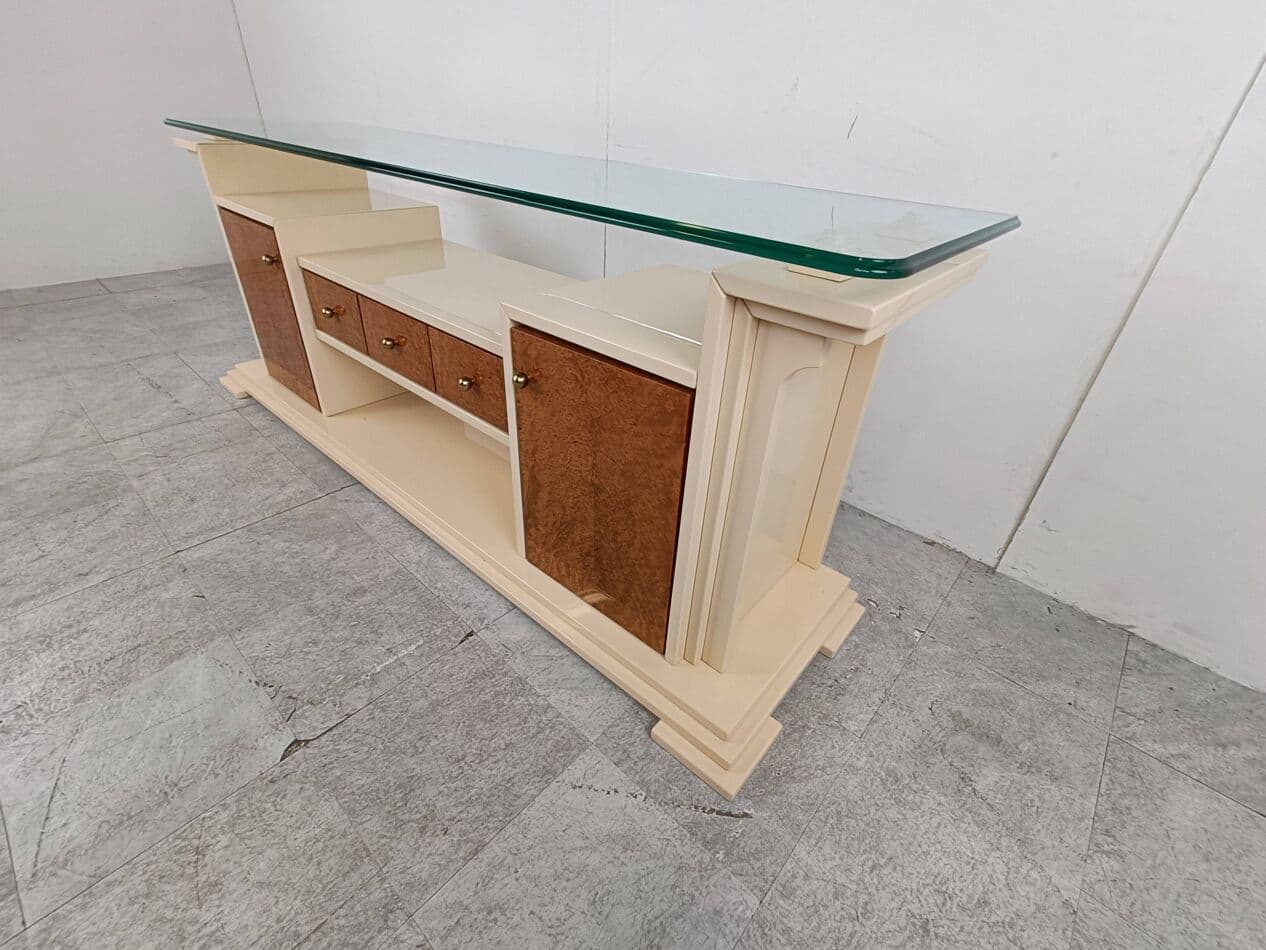 Komoda, beżowy lakier, czeczota, szkło, Francja, lata 80. - 263357