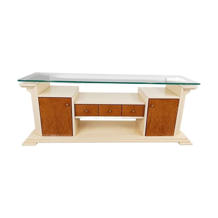 Komoda, beżowy lakier, czeczota, szkło, Francja, lata 80.