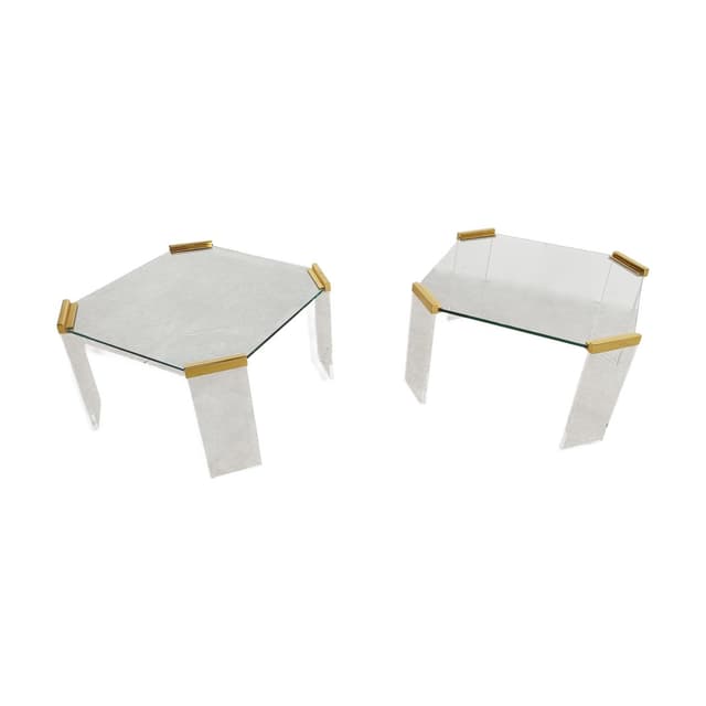 Para stolików bocznych, szkło przezroczyste, lucyt przezroczysty, mosiądz złoty, Belgia, lata 70. - WYMIARY