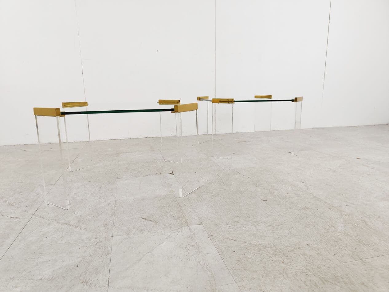 Para stolików bocznych, szkło przezroczyste, lucyt przezroczysty, mosiądz złoty, Belgia, lata 70. - 263344