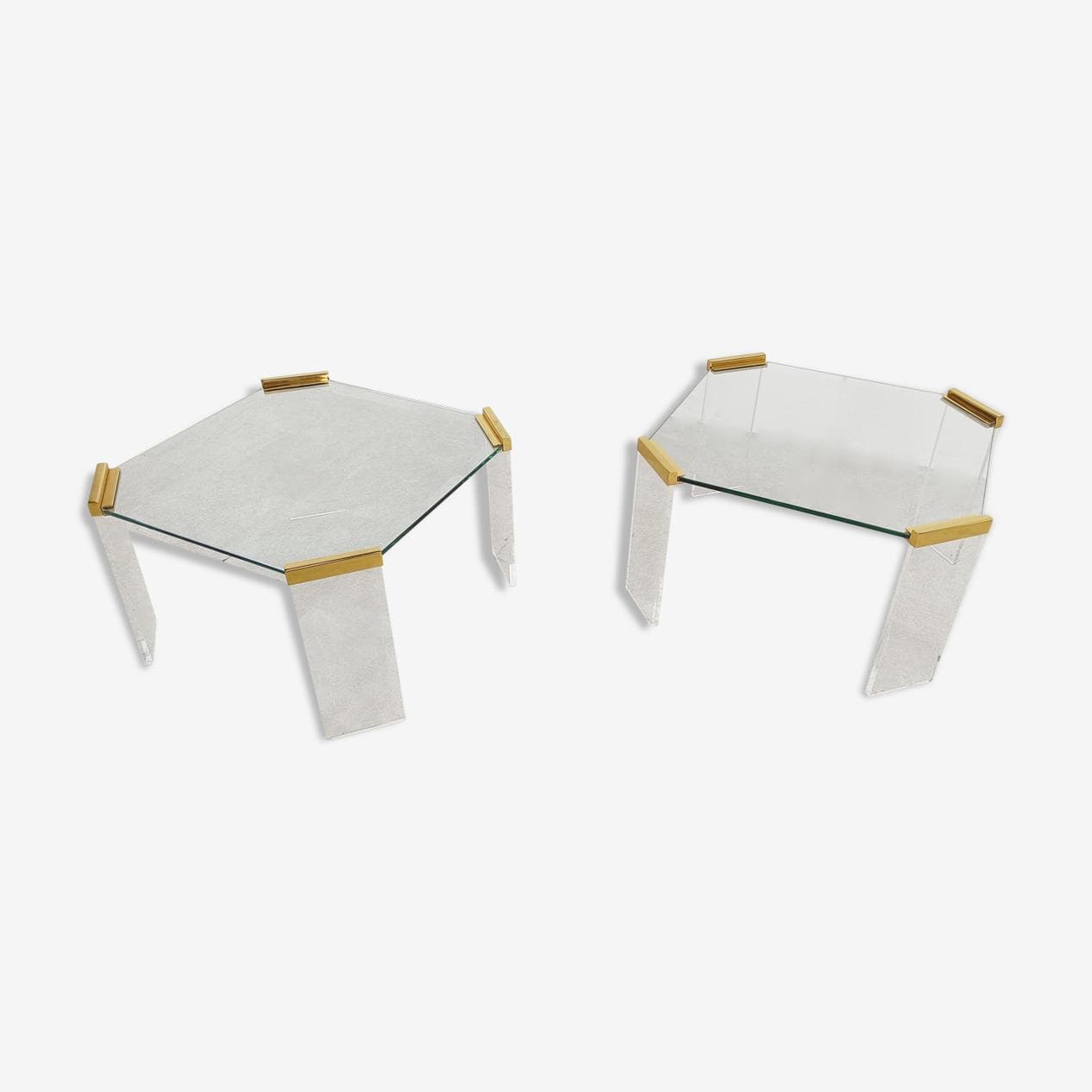 Para stolików bocznych, szkło przezroczyste, lucyt przezroczysty, mosiądz złoty, Belgia, lata 70. - 263342