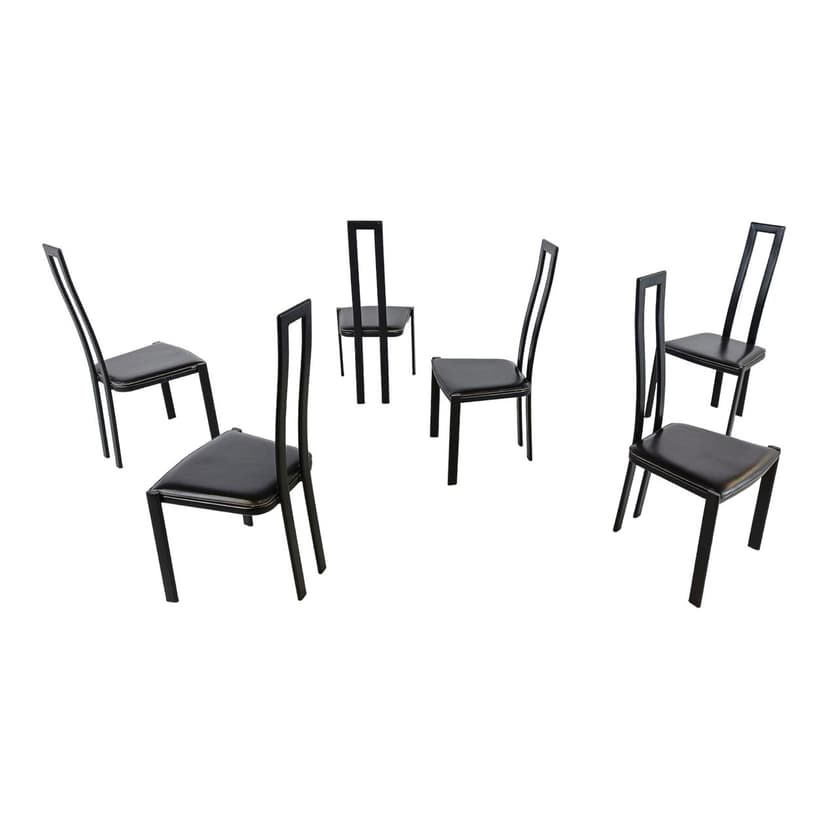 Set of six postmodern dining chairs, black metal, black leather, Italy, 1980s.