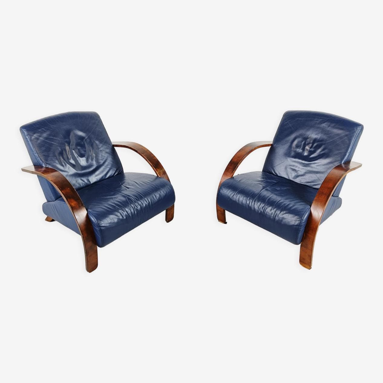 Para foteli, art deco, skóra niebieska, drewno, lata 70. - 263288