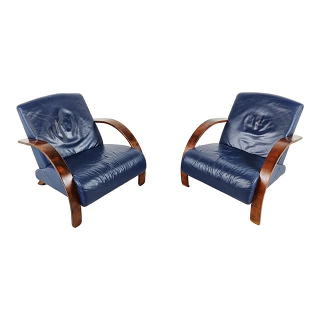 Para foteli, art deco, skóra niebieska, drewno, lata 70. - WYMIARY