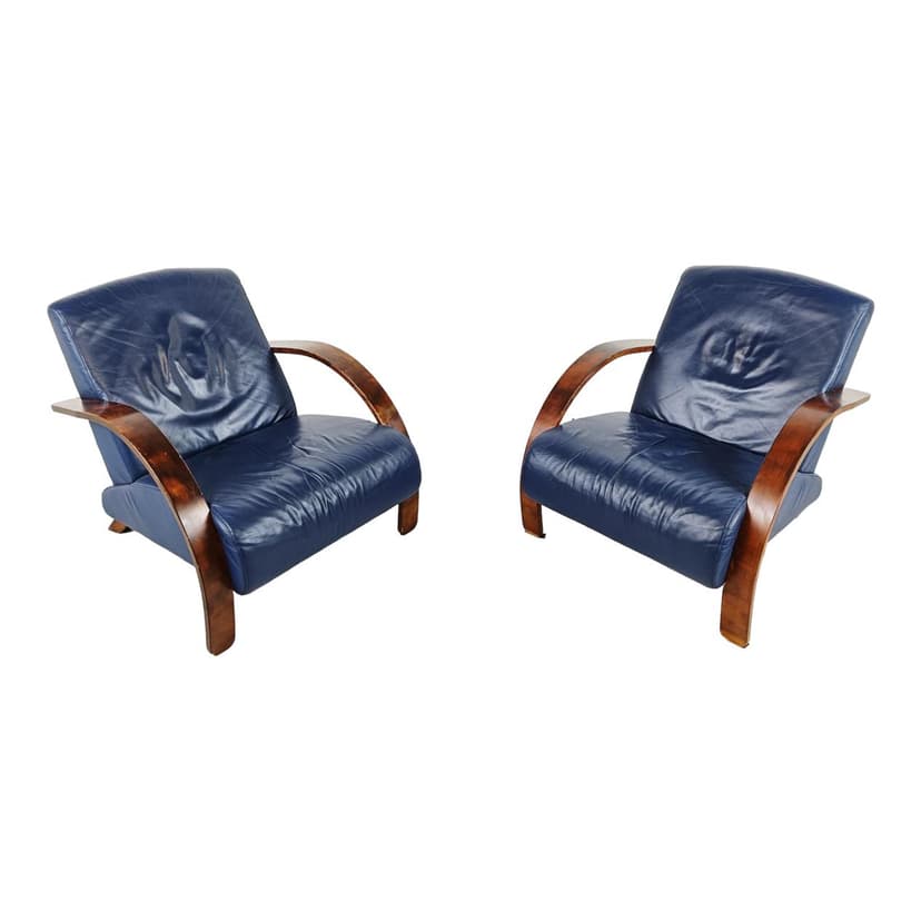 Para foteli, art deco, skóra niebieska, drewno, lata 70.