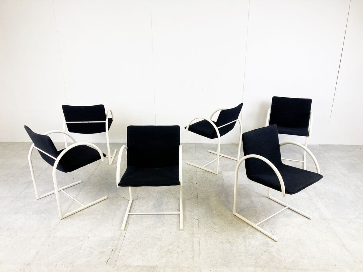 Set of Six Cirkel Chairs, black fabric, white metal, by K. Boonzaaijer, P. Mazairac, Italy, 1980s. - 263204