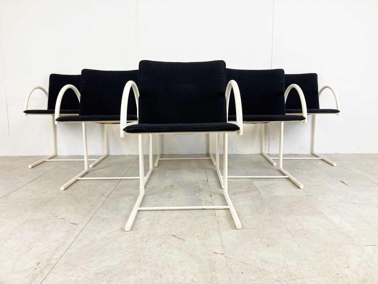 Set of Six Cirkel Chairs, black fabric, white metal, by K. Boonzaaijer, P. Mazairac, Italy, 1980s. - 263210