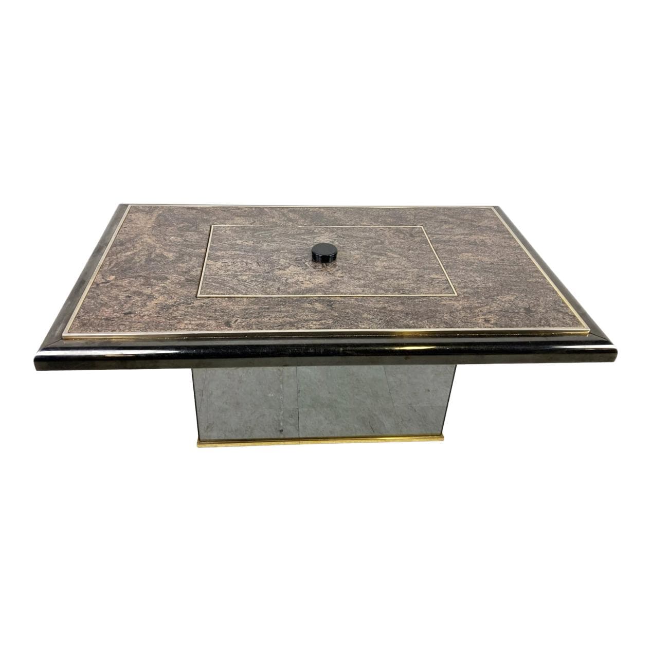 Coffee table, brown granite, black wood, brass, mirrored glass, Belgium, 1980s.