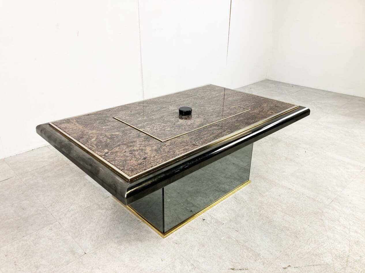 Coffee table, brown granite, black wood, brass, mirrored glass, Belgium, 1980s. - 263179
