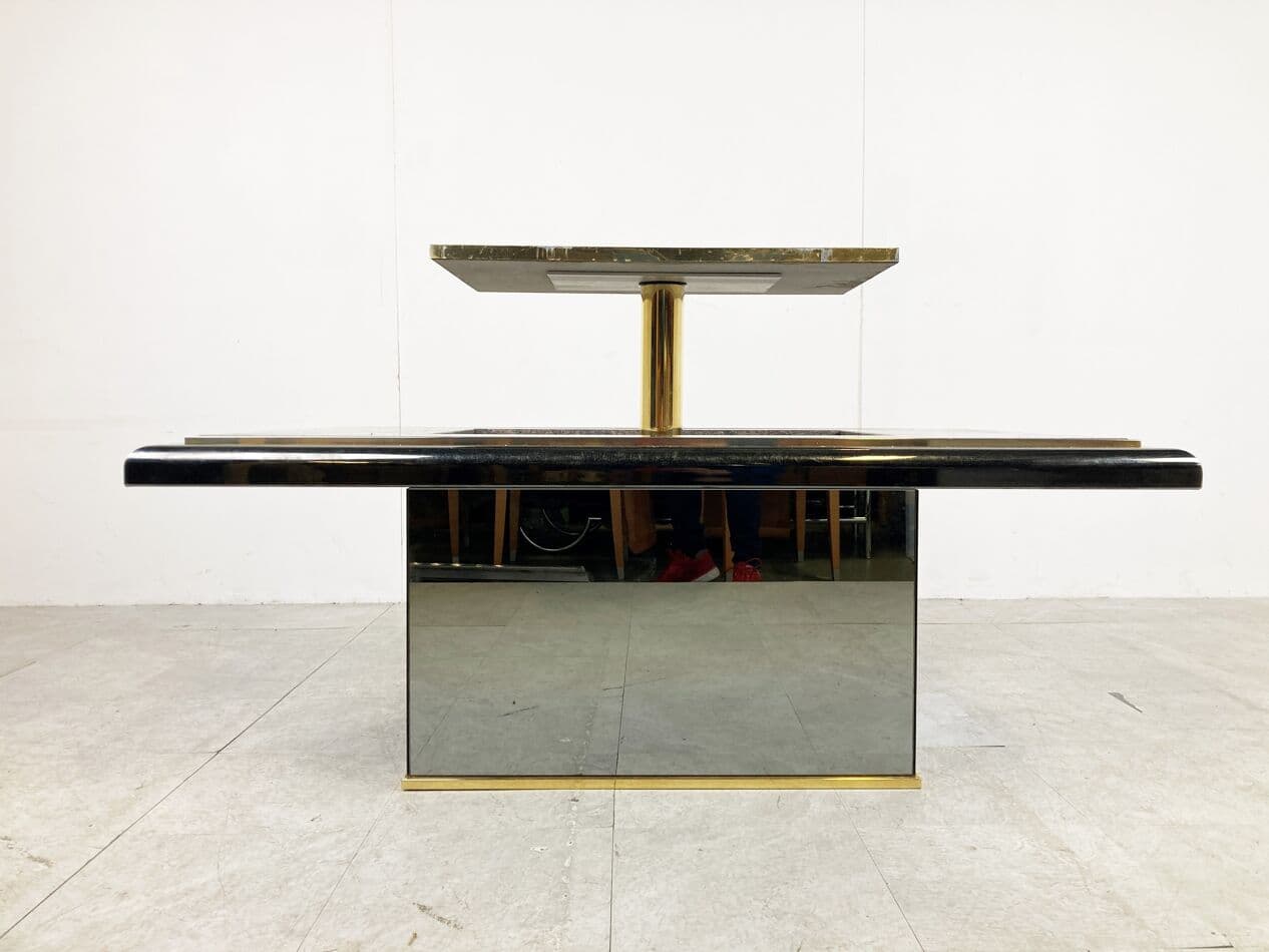 Coffee table, brown granite, black wood, brass, mirrored glass, Belgium, 1980s. - 263186