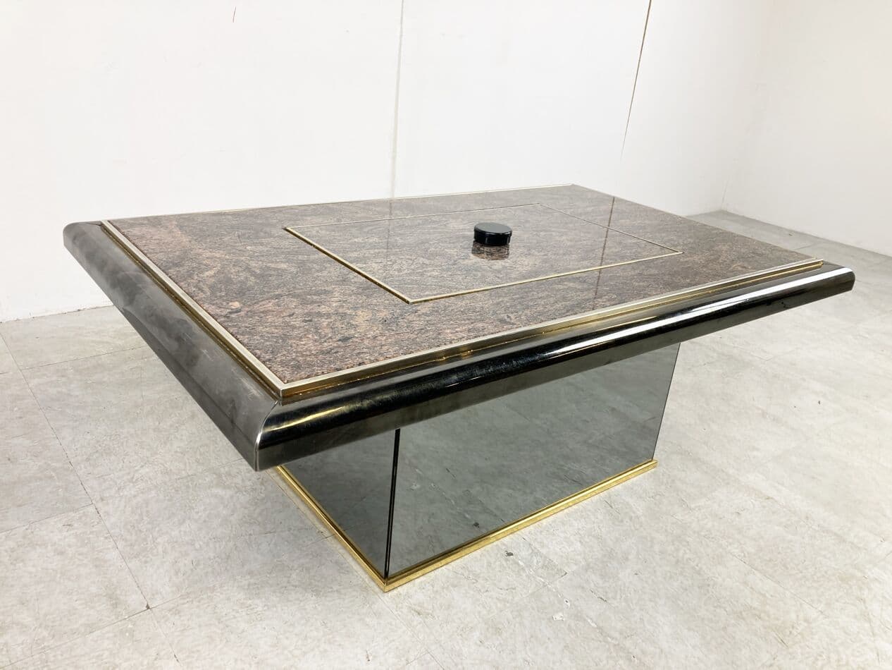 Coffee table, brown granite, black wood, brass, mirrored glass, Belgium, 1980s. - 263183