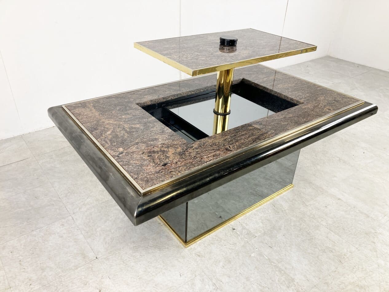 Coffee table, brown granite, black wood, brass, mirrored glass, Belgium, 1980s. - 263177