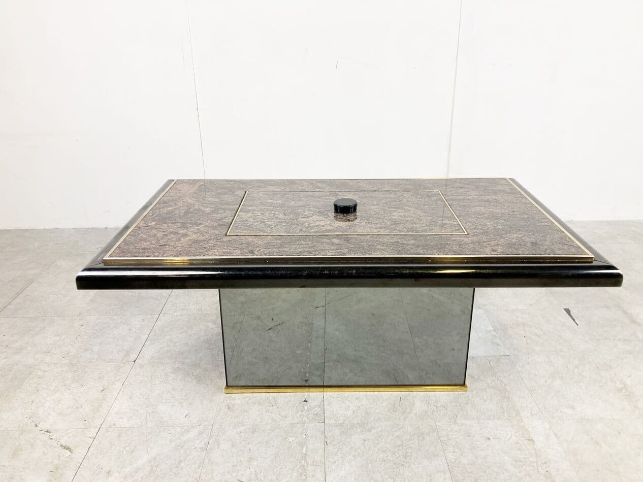 Coffee table, brown granite, black wood, brass, mirrored glass, Belgium, 1980s. - 263182
