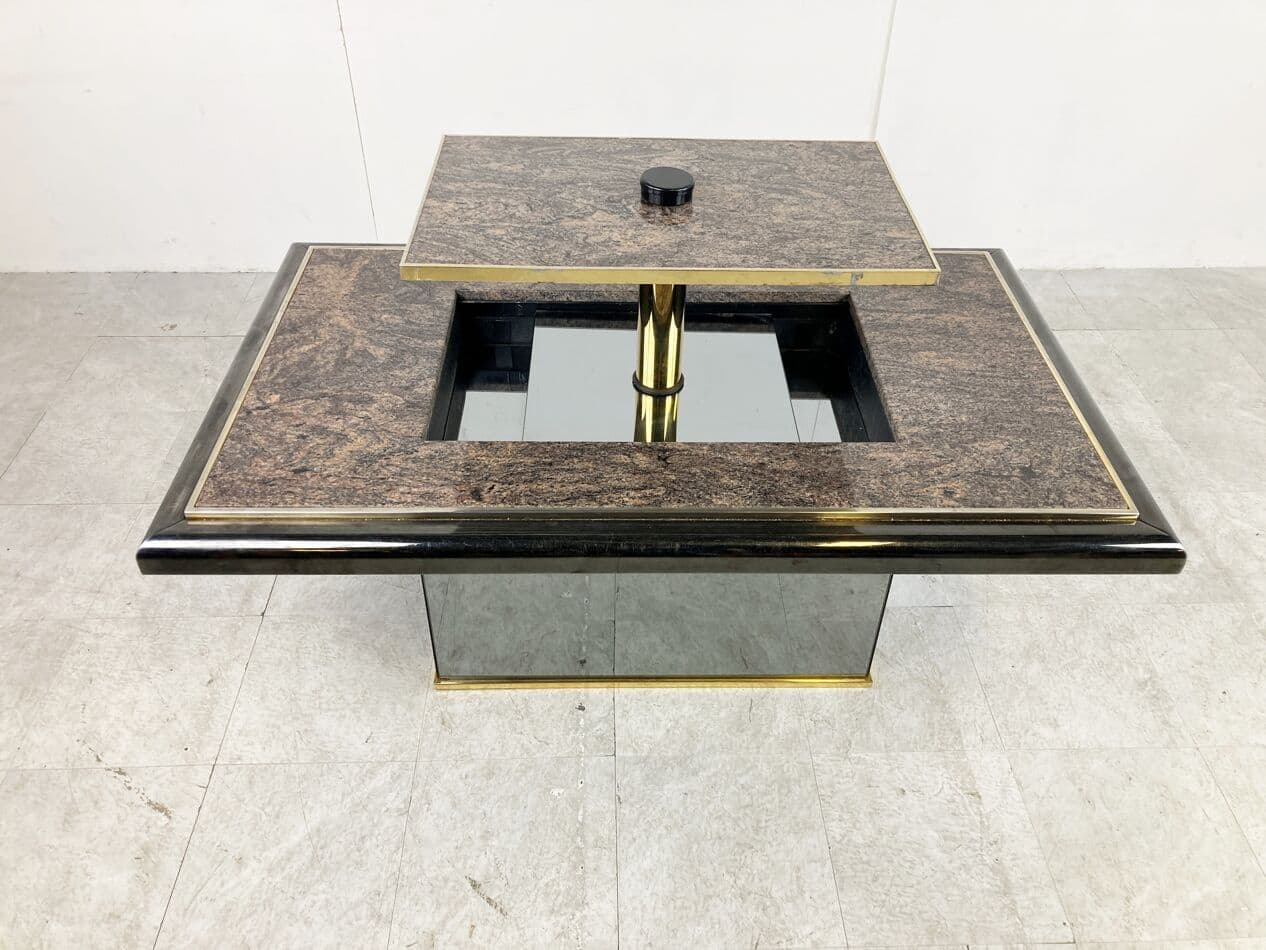 Coffee table, brown granite, black wood, brass, mirrored glass, Belgium, 1980s. - 263185
