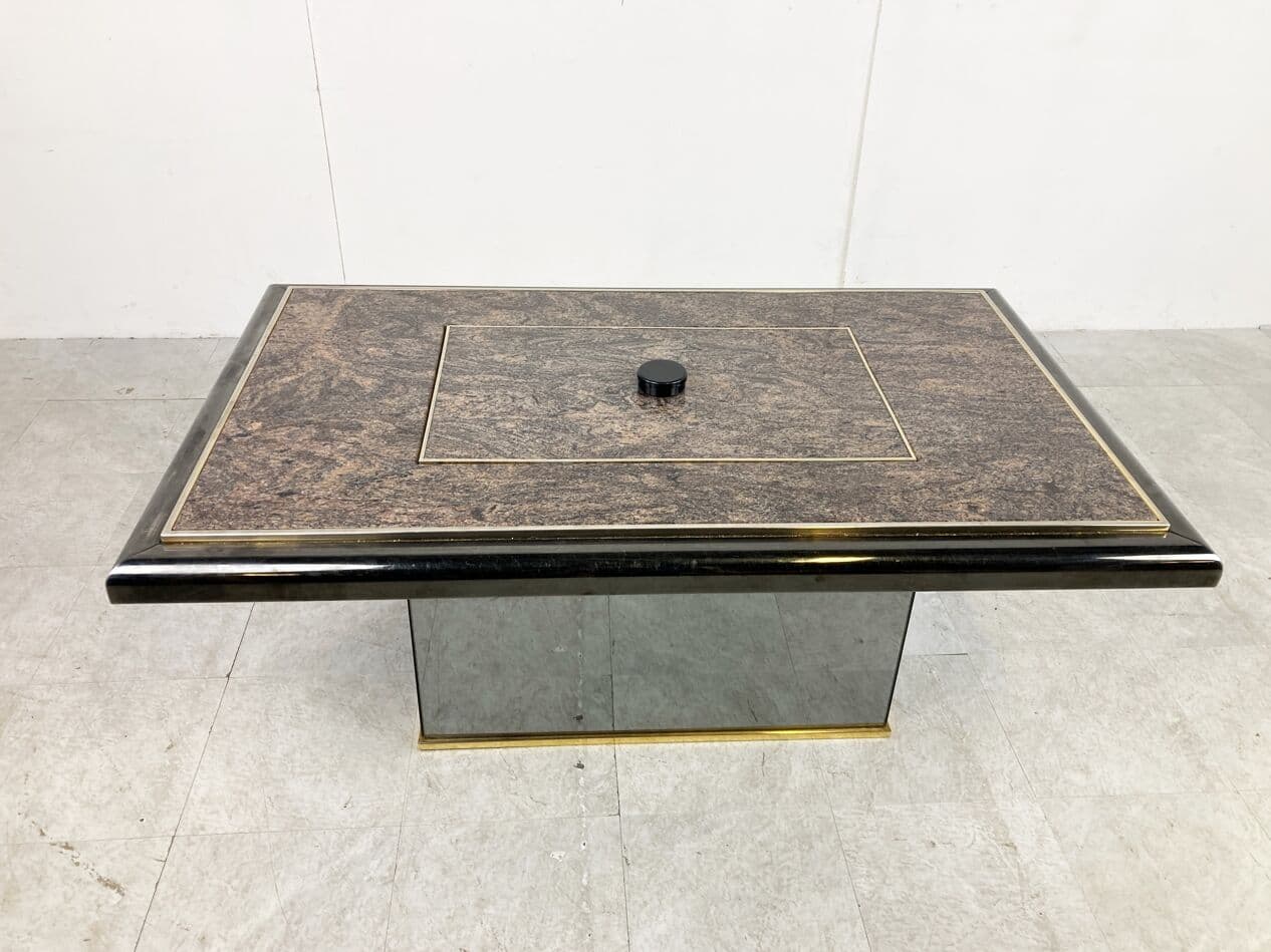 Coffee table, brown granite, black wood, brass, mirrored glass, Belgium, 1980s. - 263176