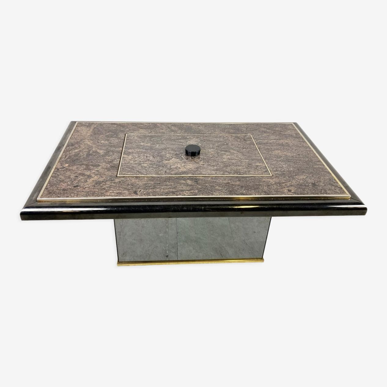 Coffee table, brown granite, black wood, brass, mirrored glass, Belgium, 1980s. - 263178