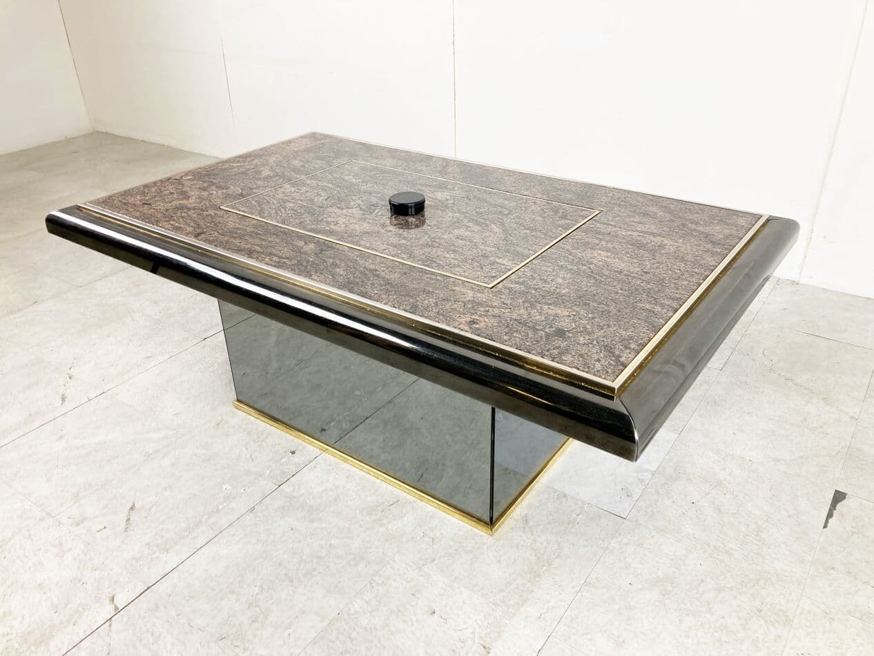 Coffee table, brown granite, black wood, brass, mirrored glass, Belgium, 1980s. - 263180