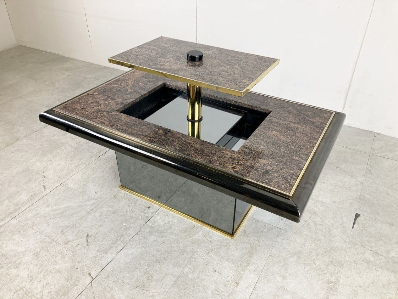 Coffee table, brown granite, black wood, brass, mirrored glass, Belgium, 1980s. - 263184