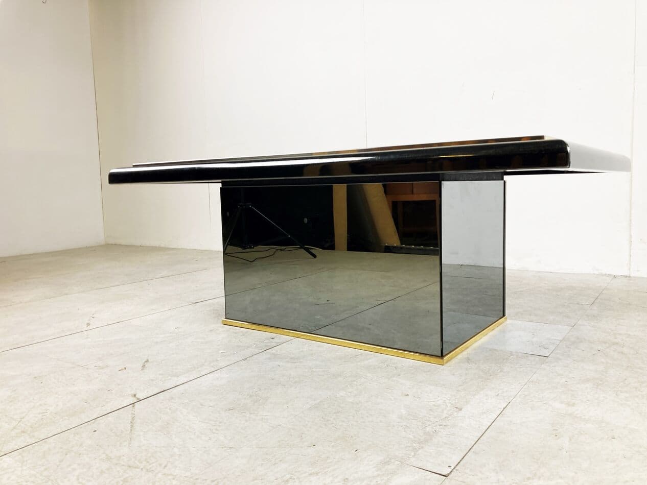Coffee table, brown granite, black wood, brass, mirrored glass, Belgium, 1980s. - 263181