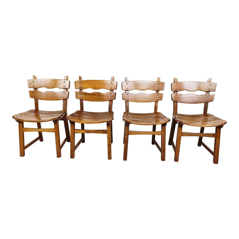 Set of Four Brutalist Dining Chairs, brown wood, Germany, 1960s.